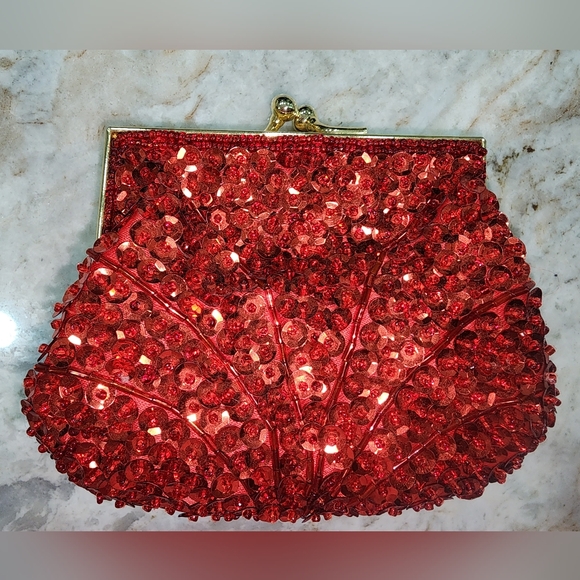 Macy's Red Gold Sequin Evening Clutch Purse Handmade Vintage - Picture 1 of 10